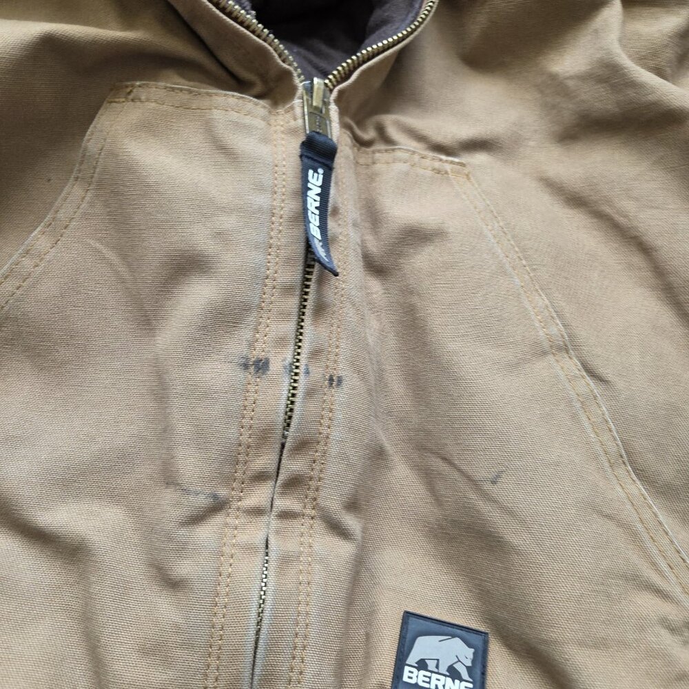 Berne Jacket Mens XL Brown Full Zip Front Pocket Winter Insulated Hooded Logo - Picture 2 of 7